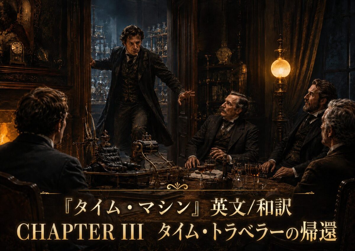 Man stands on a table in a dim, ornate room, addressing four seated men around a table with glasses and bottles.