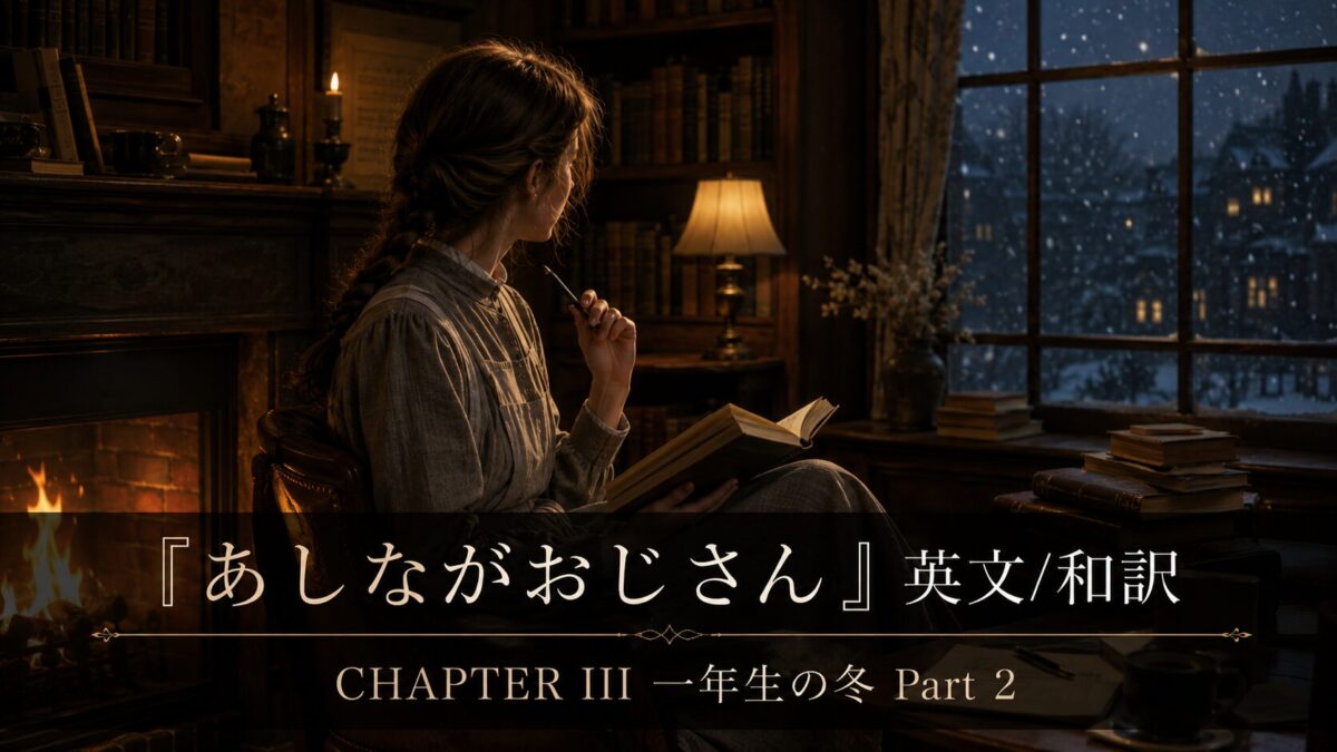 Woman reading a book by a lit fireplace in a cozy study, snow outside, with an overlaid banner reading 'Chapter III' (English/Japanese).