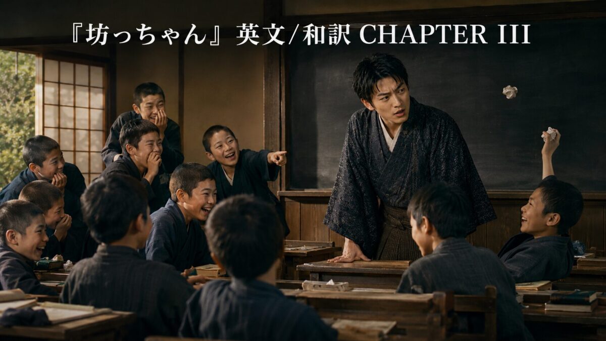 A Japanese teacher in a kimono leaning over a desk while laughing students surround him in a classroom setting.