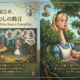 Two-panel illustration from Chapter V: Alice in a forest beside a blue Caterpillar smoking a hookah on a mushroom, with dreamlike scenes nearby.