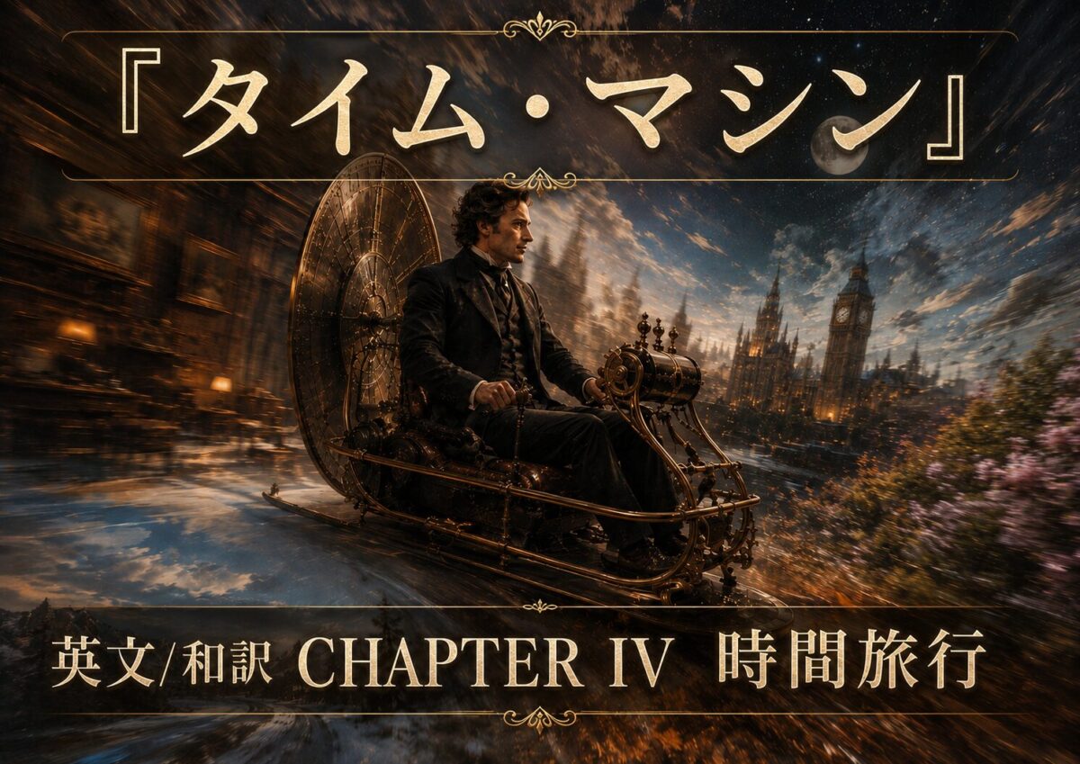 Man in a Victorian suit pilots a ornate steampunk time machine over a glowing cityscape with Japanese title 'Time Machine' above.
