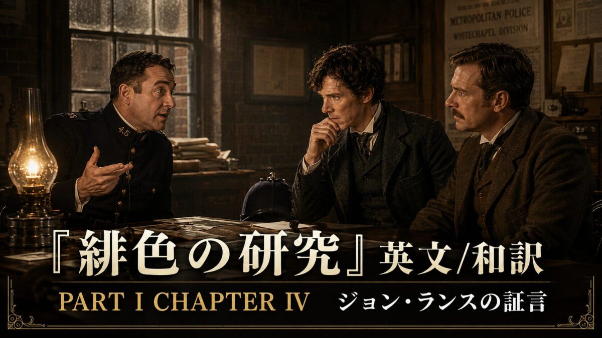 Three men in a vintage police office sit around a desk, mid-conversation, with warm lamplight and promotional text across the bottom reading 'PART I CHAPTER IV' and Japanese title text.