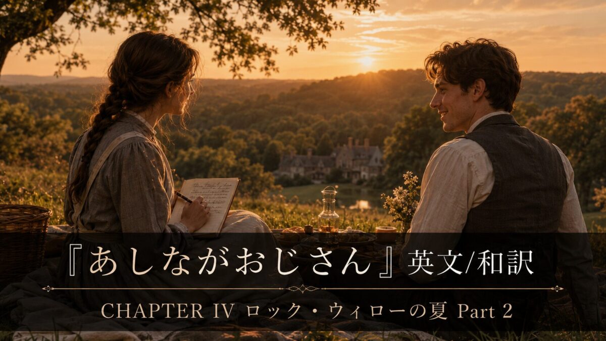 Romantic sunset scene: a woman writing in a notebook and a man in a vest sit on a hillside at golden hour, with a book-title overlay in Japanese and English across the bottom.