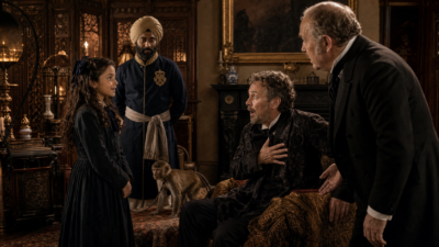 Young girl in a black dress speaks with two men in a richly decorated room; a blue-clad servant and a dog nearby.