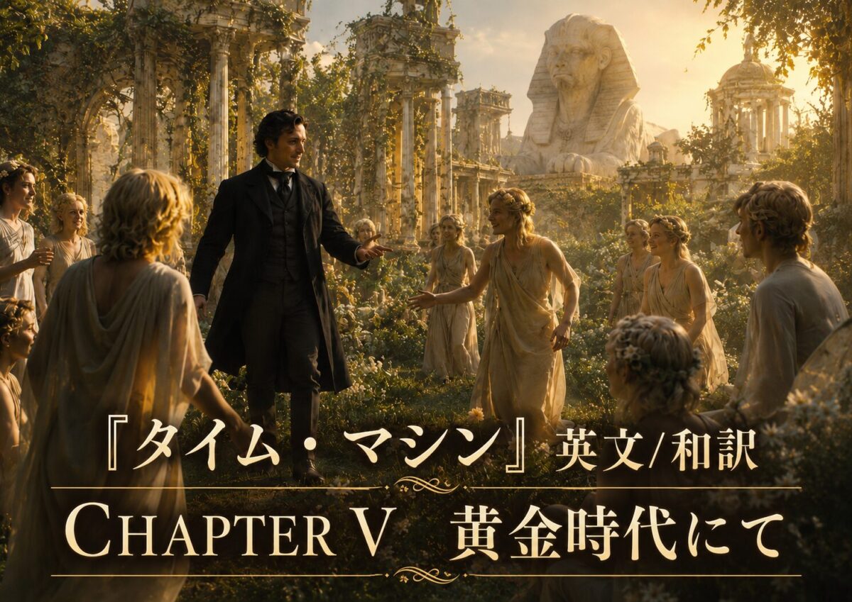 Man in a dark suit extends a hand to a woman in a light gown, surrounded by women in ancient Greek attire in a ruin-filled garden with a giant Sphinx statue in the background; title text overlays.