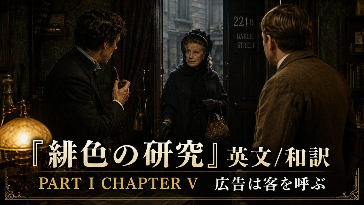 Promotional poster: a woman in a bonnet enters a dim vintage shop between two men, with Japanese title text and 'PART I CHAPTER V' banner overlaid.