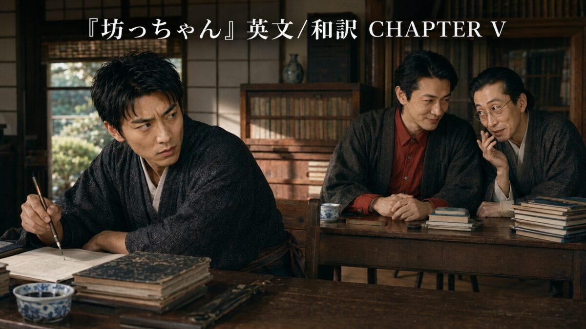Three men in traditional robes sit at a wooden desk; left man writes with a brush, two others chat, surrounded by books.