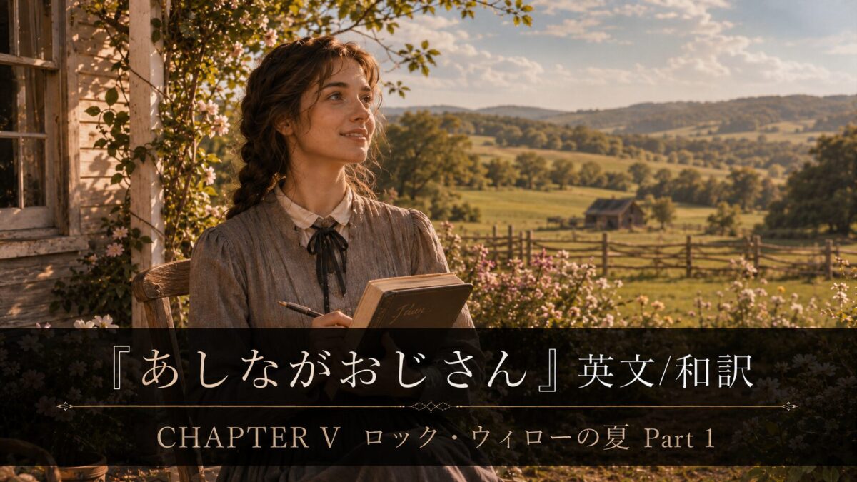 Young woman in a vintage dress sits on a porch, reading a book in a sunlit countryside garden; Japanese/English chapter banner across bottom.