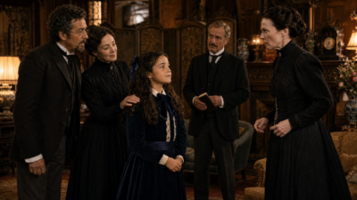 Young girl in a blue velvet dress and bow stands among a somber-looking family in a richly furnished Victorian parlor.