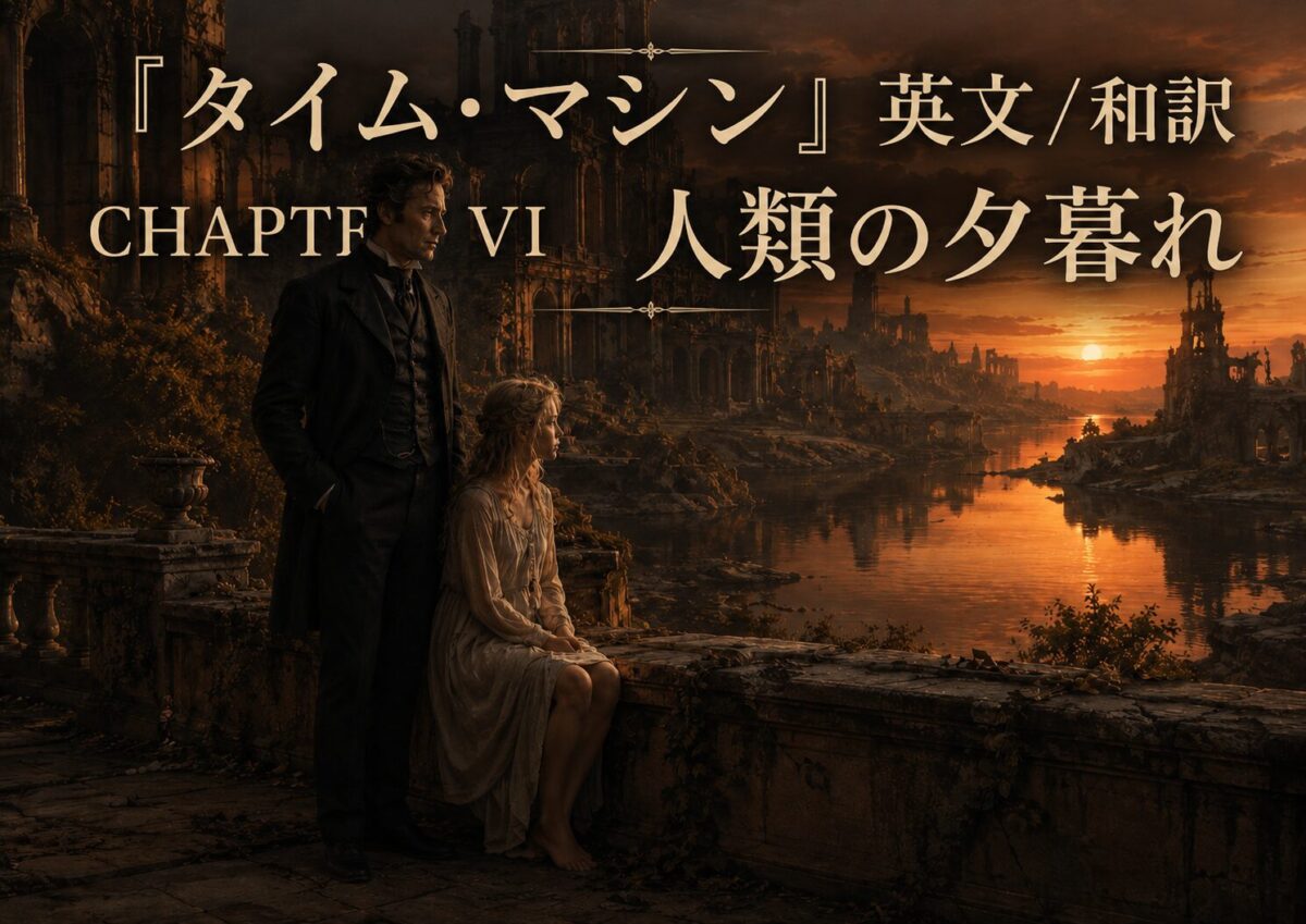 A man in Victorian attire and a woman in a light dress sit on a ruined balcony at sunset, overlooking a desolate city by a river; large Japanese and English title text overlays.