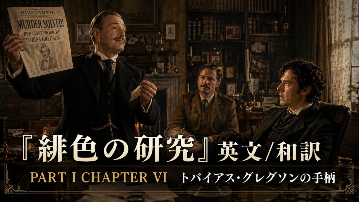 Man in a suit raises a newspaper that says 'MURDER SOLVED!' in a cluttered vintage study; two others sit nearby with overlay text in Japanese and English.