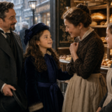A man in a overcoat and hat chats with a girl in a blue velvet dress and two women in period outfits inside a bakery filled with loaves on shelves.