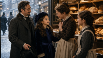 A man in a overcoat and hat chats with a girl in a blue velvet dress and two women in period outfits inside a bakery filled with loaves on shelves.