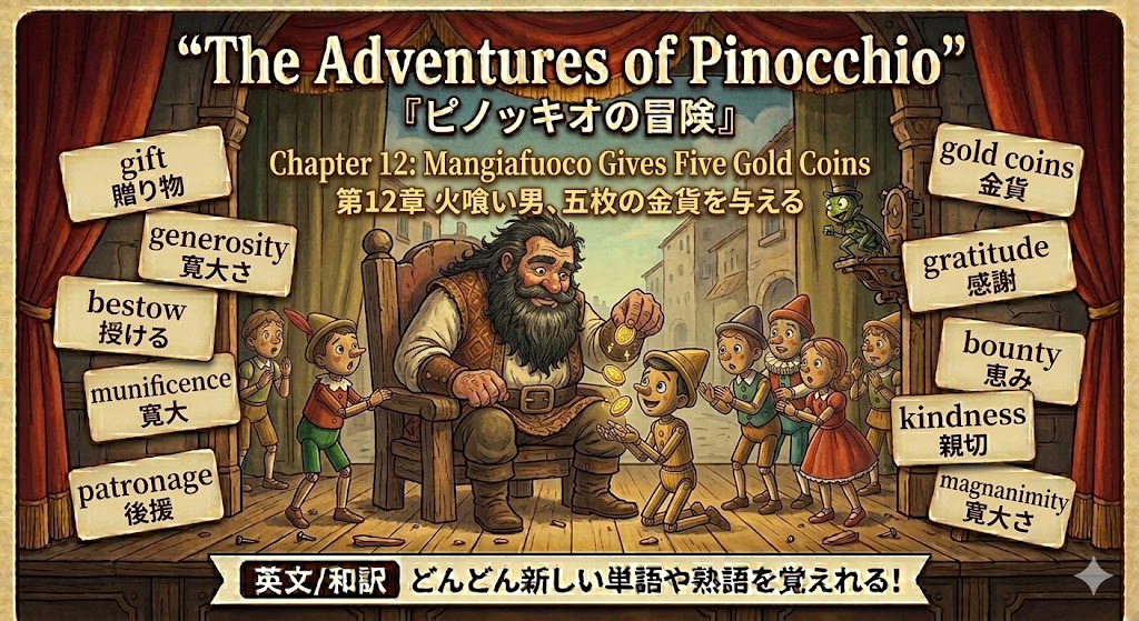 Colorful Pinocchio poster: a bearded man on a stage distributes coins to smiling children, flanked by cards labeled virtues like generosity, kindness, gratitude, on a theater backdrop.