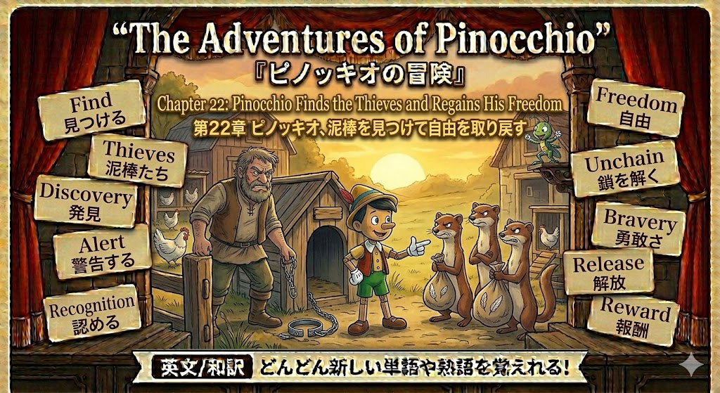 Colorful game cover showing Pinocchio and a craftsman before a village; wooden sign tiles read Find, Thieves, Discovery, Alert, Recognition on the left and Freedom, Unchain, Bravery, Release, Reward on the right.