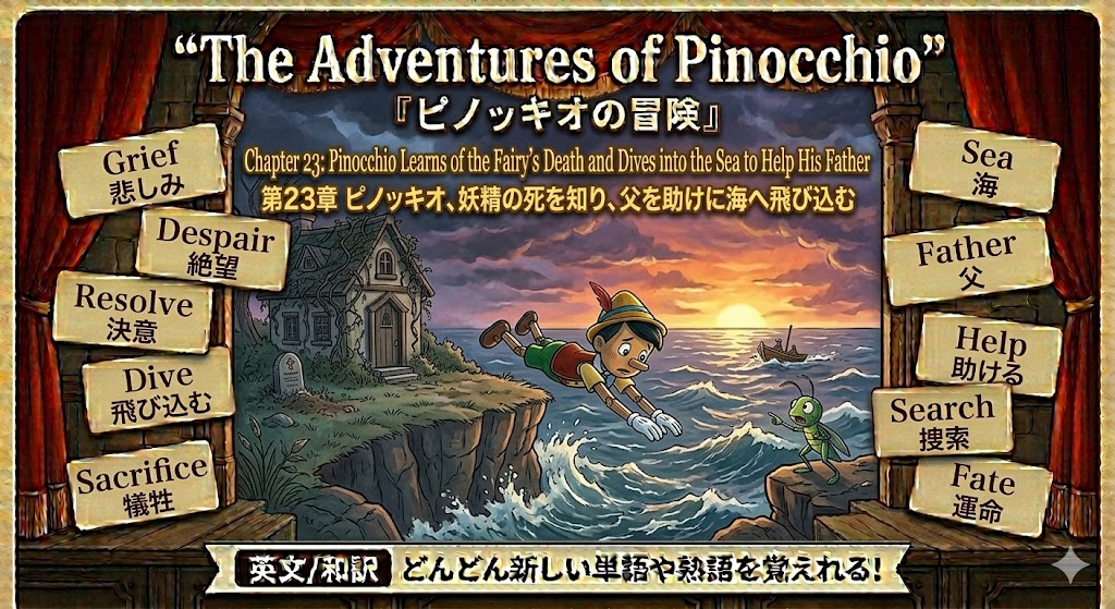 Cover image for 'The Adventures of Pinocchio' chapter: Pinocchio leaps into rough seas near a cliff and a small cottage, with Japanese title text above and signboards with words like Grief, Despair, Resolve, Dive, Sacrifice on the sides.