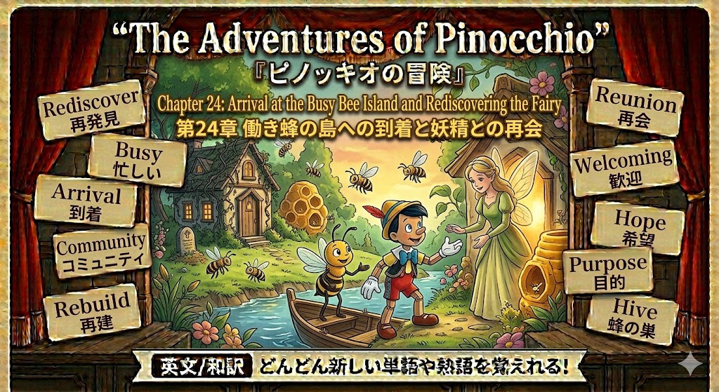 Poster for The Adventures of Pinocchio: Pinocchio shakes hands with a fairy by a cottage, with signboards listing Rediscover, Arrival, Community, Rebuild, etc.