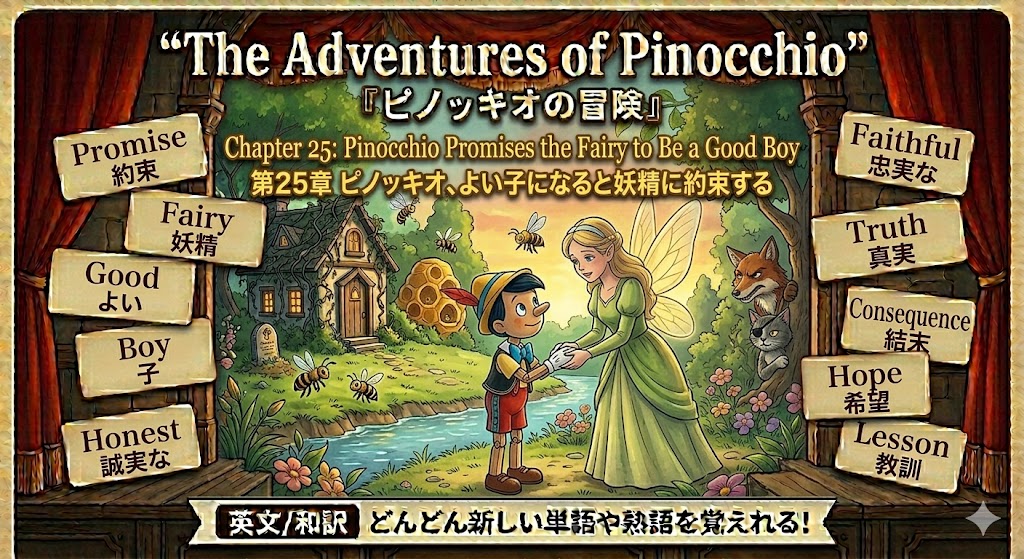 Illustrated cover: Pinocchio and the Fairy shake hands in a sunny garden, with virtue banners on either side.