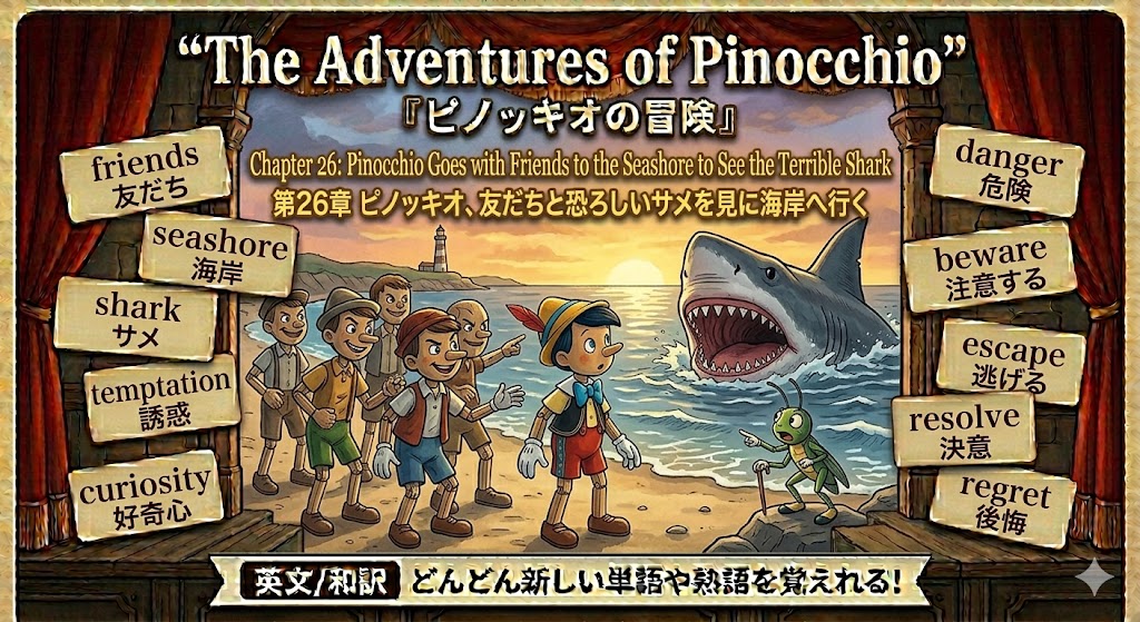 Colorful poster of Pinocchio and friends on a sunny beach facing a looming shark, with wooden signs listing curiosity, temptation, friends, danger, and beware.