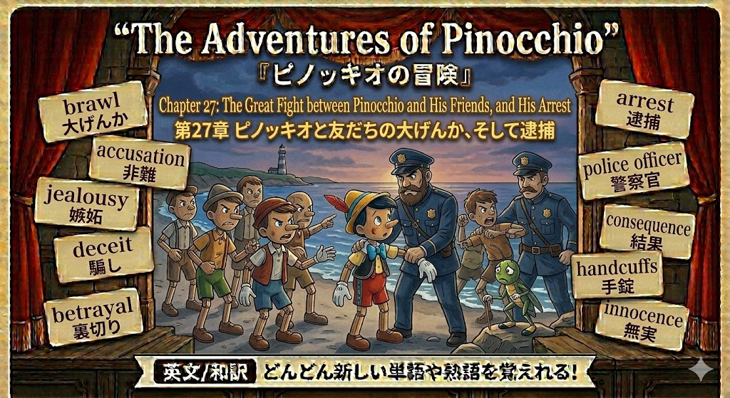 Cover image for 'The Adventures of Pinocchio' game with kids arguing and police officers on the beach, Japanese title above left/right signs showing words like brawl, accusation, jealousy, deceit, betrayal, arrest, police officer, consequences, handcuffs, innocence.