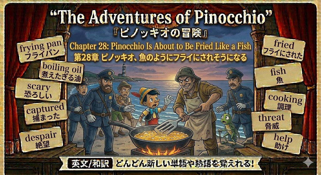 Pinocchio and a cook stir a large pan of fried fish as soldiers watch on a dock, with vocabulary cards around them.