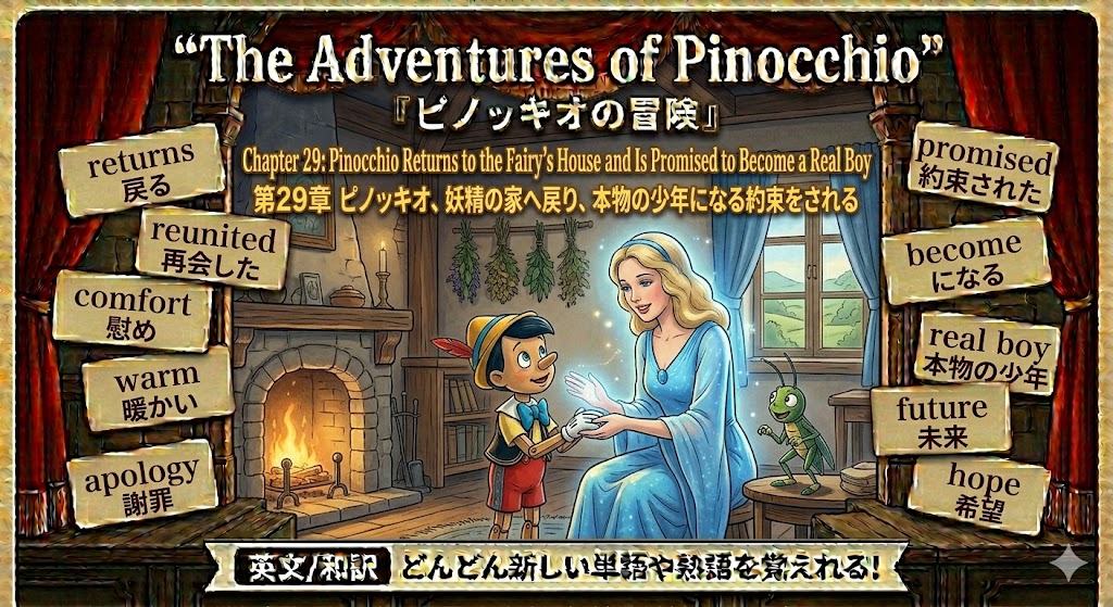 Pinocchio and a woman in a blue dress stand beside a lit fireplace, surrounded by wooden signs bearing hopeful words like hope and warm.