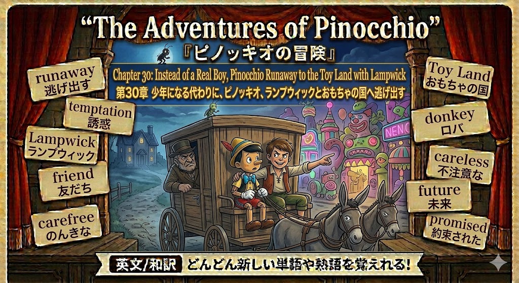 Colorful game scene titled 'The Adventures of Pinocchio' with Pinocchio and a boy in a wooden cart pulled by donkeys, surrounded by talking signs and a carnival backdrop.