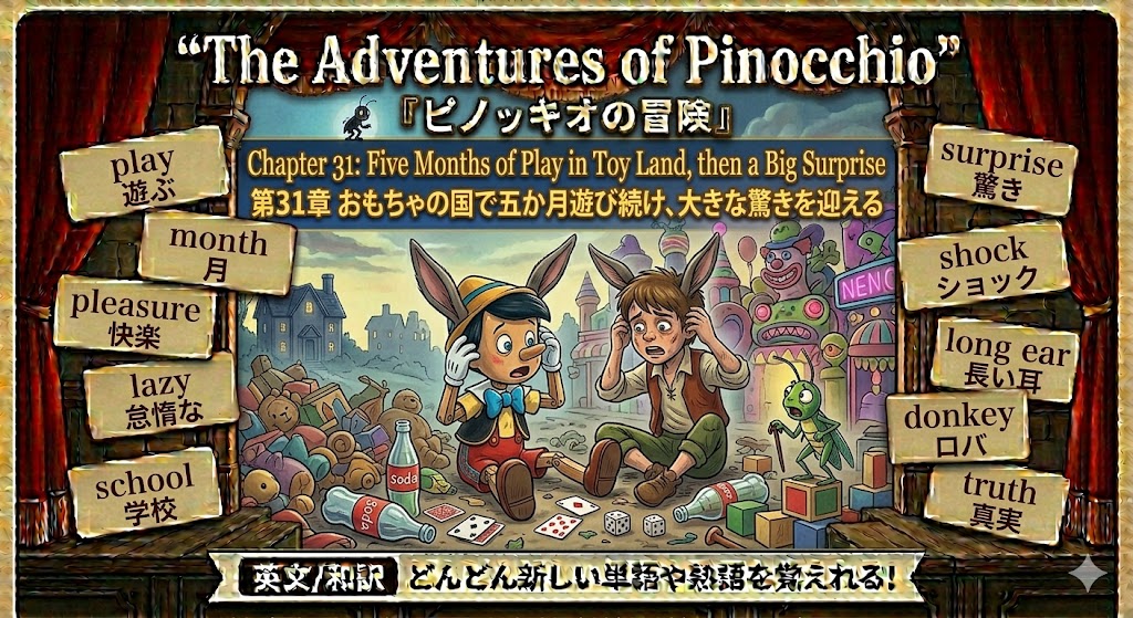 Cover/title screen for a game, 'The Adventures of Pinocchio,' showing Pinocchio and a boy in a toy-filled street with blocks, bottles, and cards.
