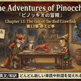 Colorful game scene titled The Adventures of Pinocchio: Pinocchio at a tavern table with a lobster, a fox and a cat, flanked by cards of themes like gluttony and trust on the sides.