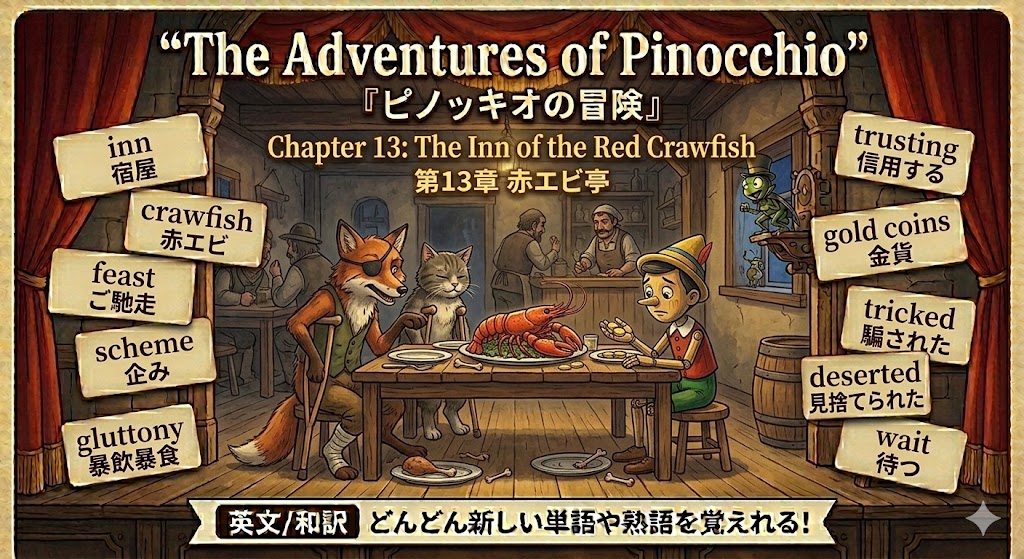 Colorful game scene titled The Adventures of Pinocchio: Pinocchio at a tavern table with a lobster, a fox and a cat, flanked by cards of themes like gluttony and trust on the sides.
