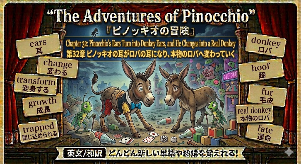 Poster-style illustration for The Adventures of Pinocchio: two donkeys on stage in a carnival setting, signs with words like ears, change, transform, growth, trapped on both sides.
