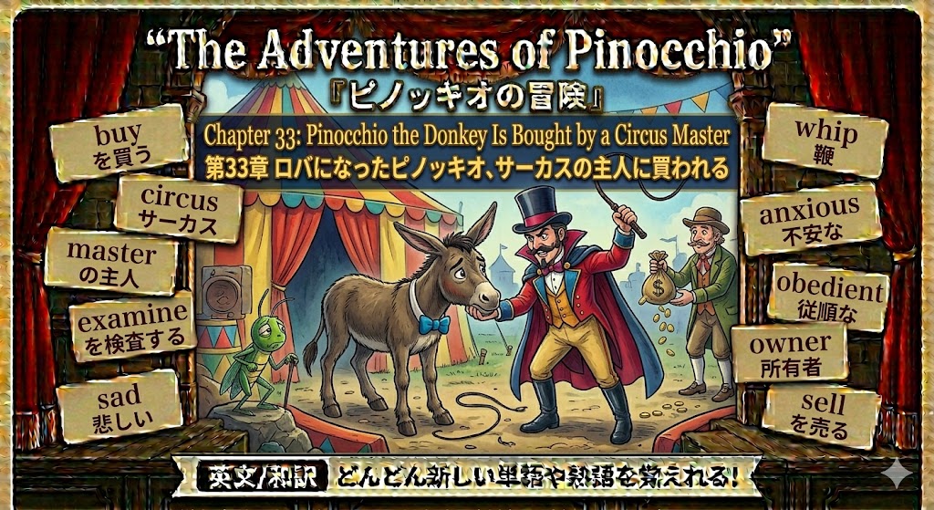 Game cover illustration: Pinocchio the donkey being bought by a circus master in front of a circus tent, with signs on both sides listing words like 'master', 'circus', 'own­er' and 'sell'