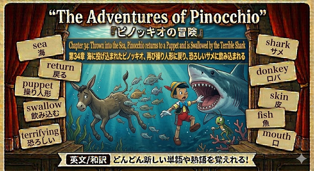Promotional game screen for 'The Adventures of Pinocchio' showing Pinocchio confronting a shark in a blue ocean scene. Wooden stage with scattered labeled signs on sides.
