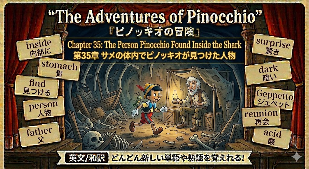 Illustrated game scene: Pinocchio entering a dim cave toward an old man by a lantern, with wooden signboards around the entrance.