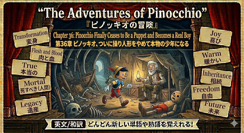 Pinocchio in a dim workshop approaches an old man; signs with words like Transformation and Freedom flank the scene.