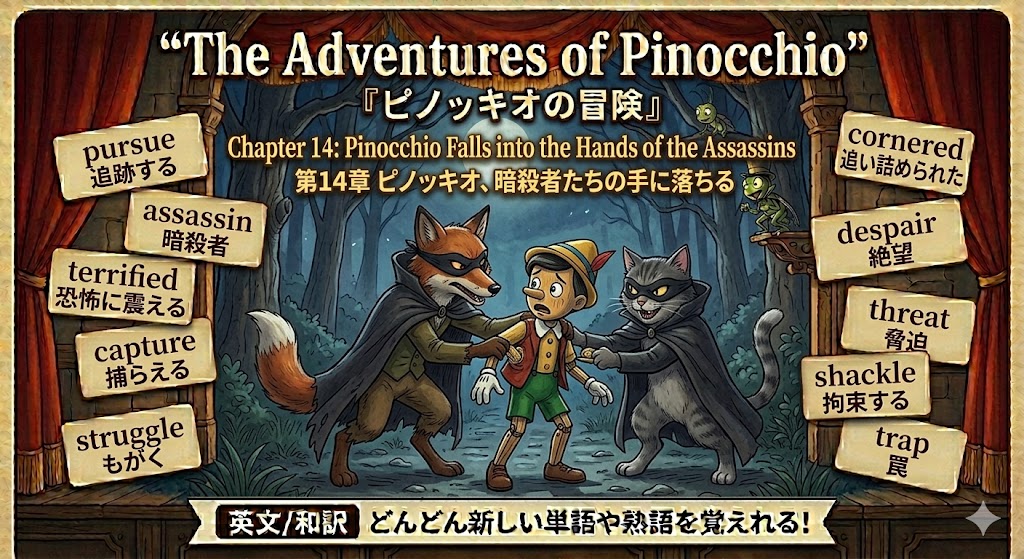 Pinocchio in a forest stage facing two cloaked wolves, with wooden cards displaying words like pursue, capture, struggle, cornered, trap on the sides—title above in English/Japanese.