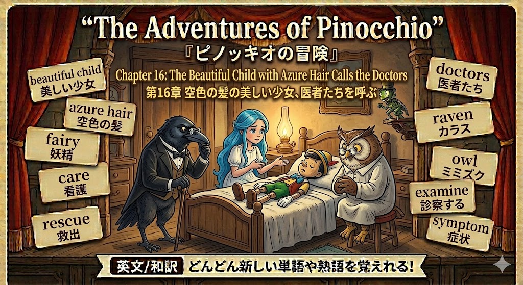 Colorful game cover for 'The Adventures of Pinocchio' showing a boy in bed, a blue-haired nurse, a raven doctor, an owl, and scattered vocabulary cards on the sides.