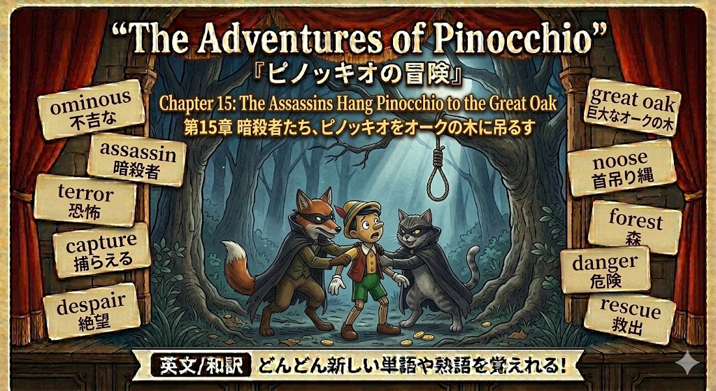Title screen: Pinocchio between a wolf and a cat in a forest, with a noose above and wooden signs listing ominous, danger, rescue.