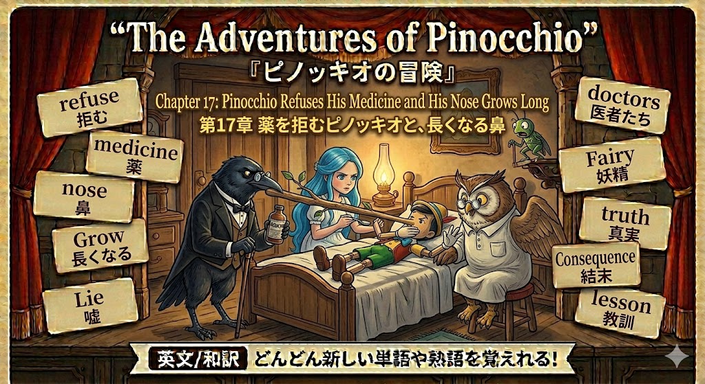Stage scene from The Adventures of Pinocchio with doctors and a fairy around a sick boy; vocabulary tiles flank the scene.