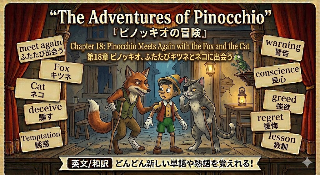 Scene from a children's game titled 'The Adventures of Pinocchio' showing Pinocchio facing a fox and a cat inside a stage-like tavern, with Japanese subtitles and surrounding wooden signs describing words like 'deceive' and 'temptation'.