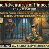 Pinocchio sits on hay in a jail cell while a guard watches; labels on both sides reference themes like justice, betrayal, and despair.