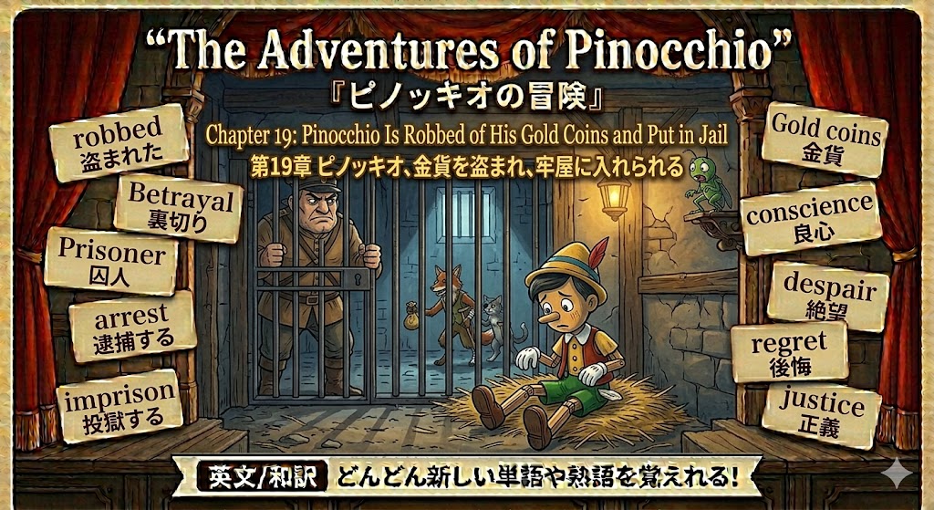 Pinocchio sits on hay in a jail cell while a guard watches; labels on both sides reference themes like justice, betrayal, and despair.