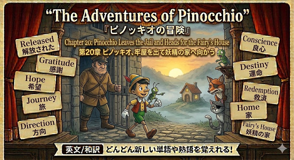 The Adventures of Pinocchio title screen: Pinocchio walks toward a fairy-tale village with signboards on both sides.