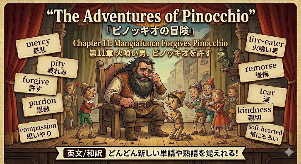 Colorful poster for The Adventures of Pinocchio showing a bearded man on stage surrounded by children, with word cards on both sides such as mercy, pity, forgive, compassion, remorse, kindness.