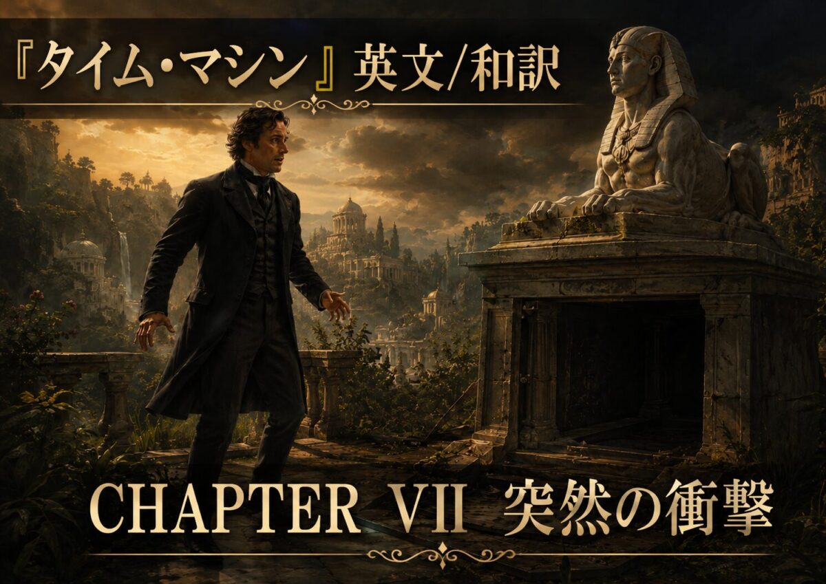 Promotional artwork: a man in a Victorian coat in a ruined city with a stone sphinx statue, sunset glow, chapter VII title in English and Japanese.