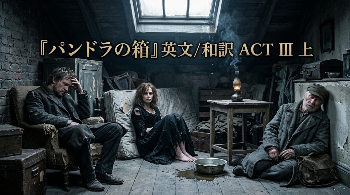 Three worn, distressed people sit in a dilapidated attic room with a lit oil lamp; Japanese title text overlays the scene.