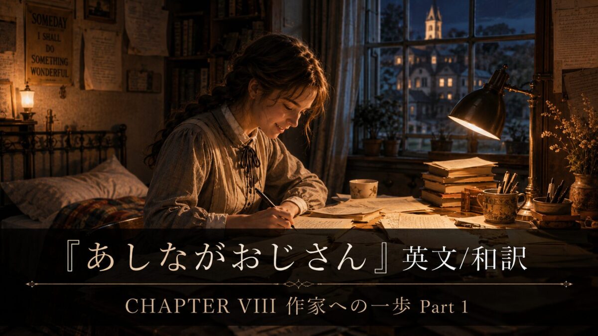 Young woman writes at a cluttered desk by a glowing lamp, night outside the window; banner text in Japanese and English promotes 'Ashinaga Ojisan' Chapter VIII Part 1.
