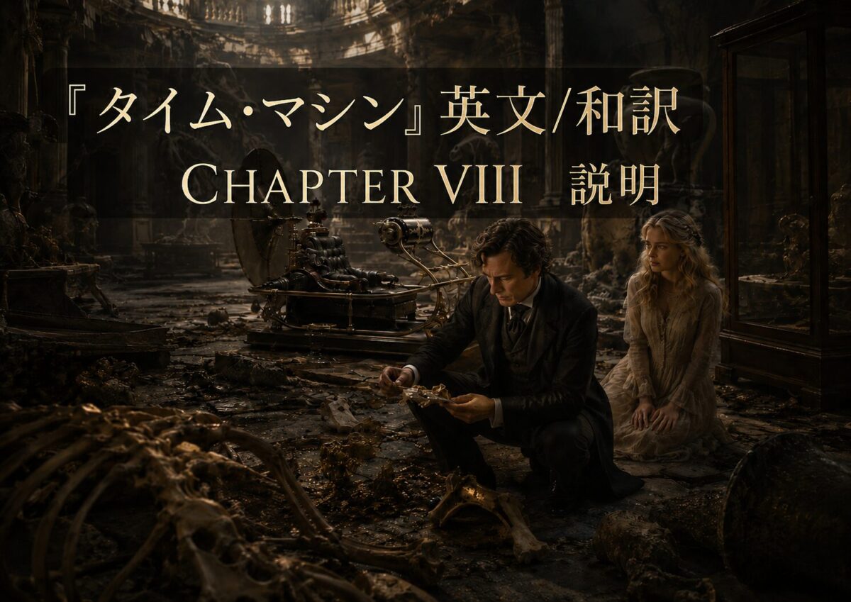 Promotional poster showing a man in a suit and a woman in a pale dress in a dark, ruined hall with antique machinery; large 'Chapter VIII' text across the top.