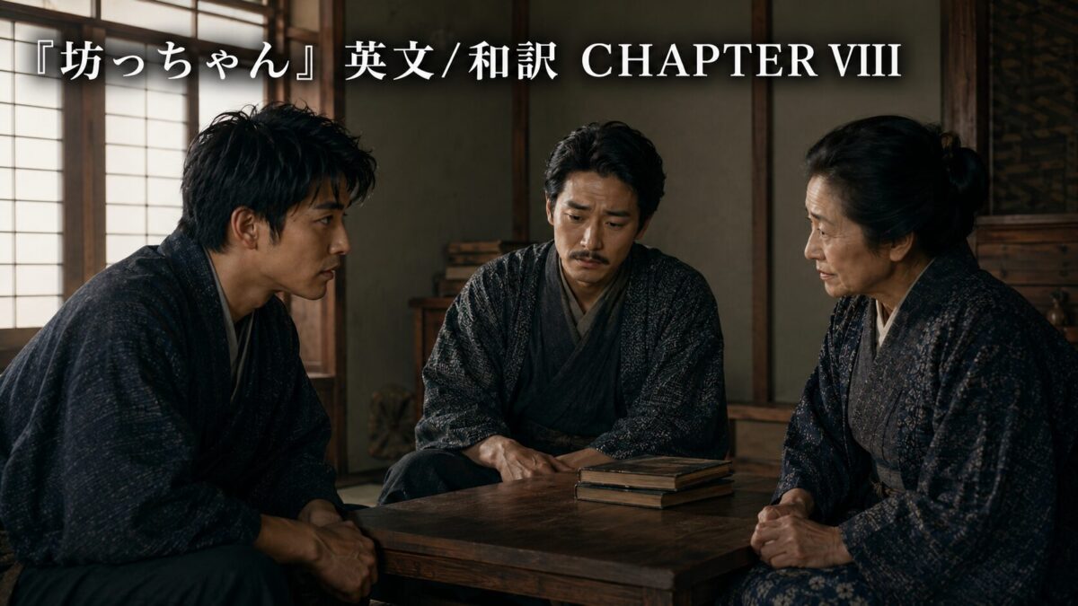 Chapter VIII cover: three men in dark kimonos sit around a wooden table with books in a traditional Japanese room.