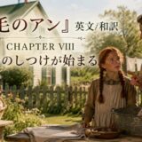 Poster for Anne of Green Gables Chapter VIII: a young girl with braided hair and an older woman in vintage dresses stand at a baking table outdoors, text overlay in Japanese and English.
